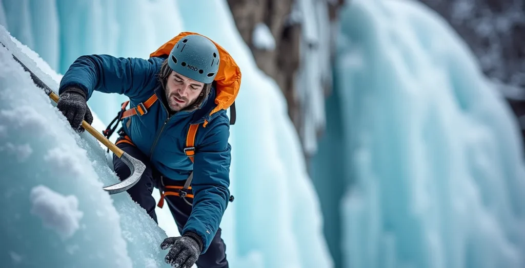 Grimpeur expert en escalade de glace dans les conditions hivernales québécoises Grimpeur expert en escalade de glace dans les conditions hivernales québécoises